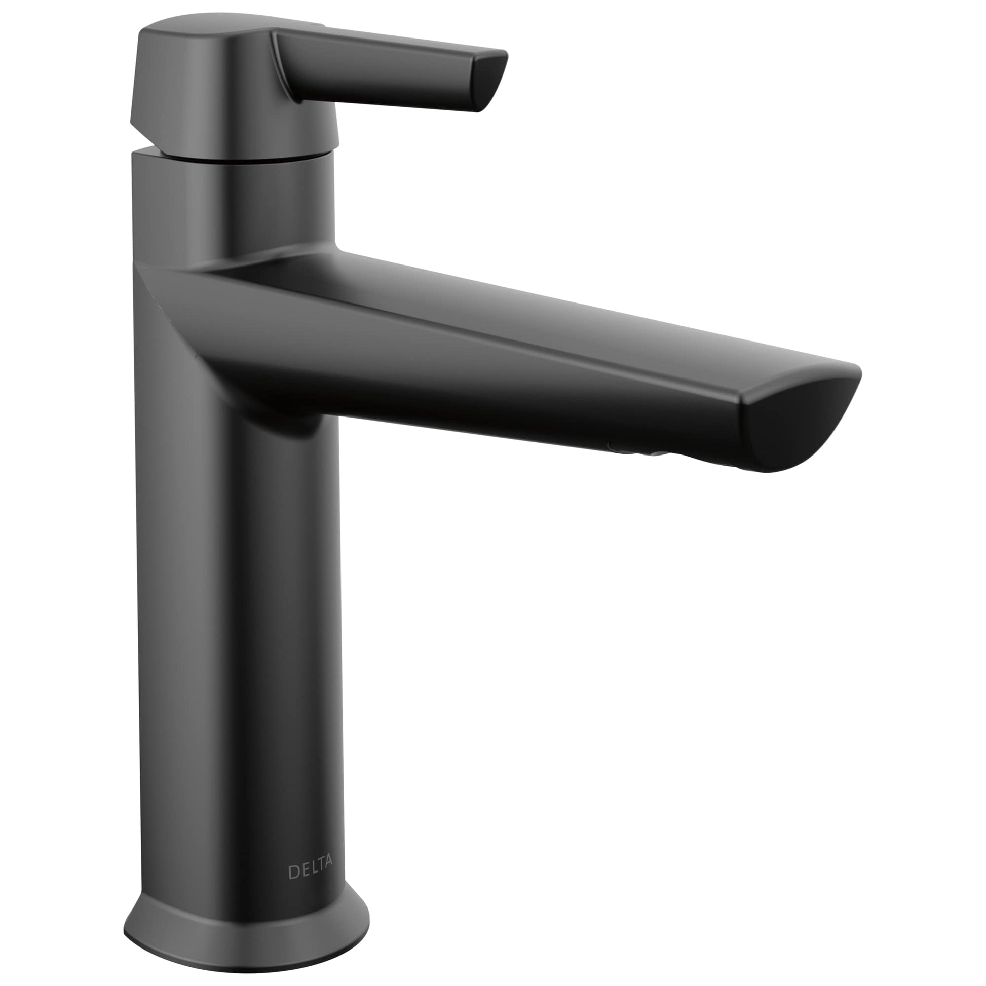Matte black single-handle bathroom faucet with cylindrical body and angled spout.