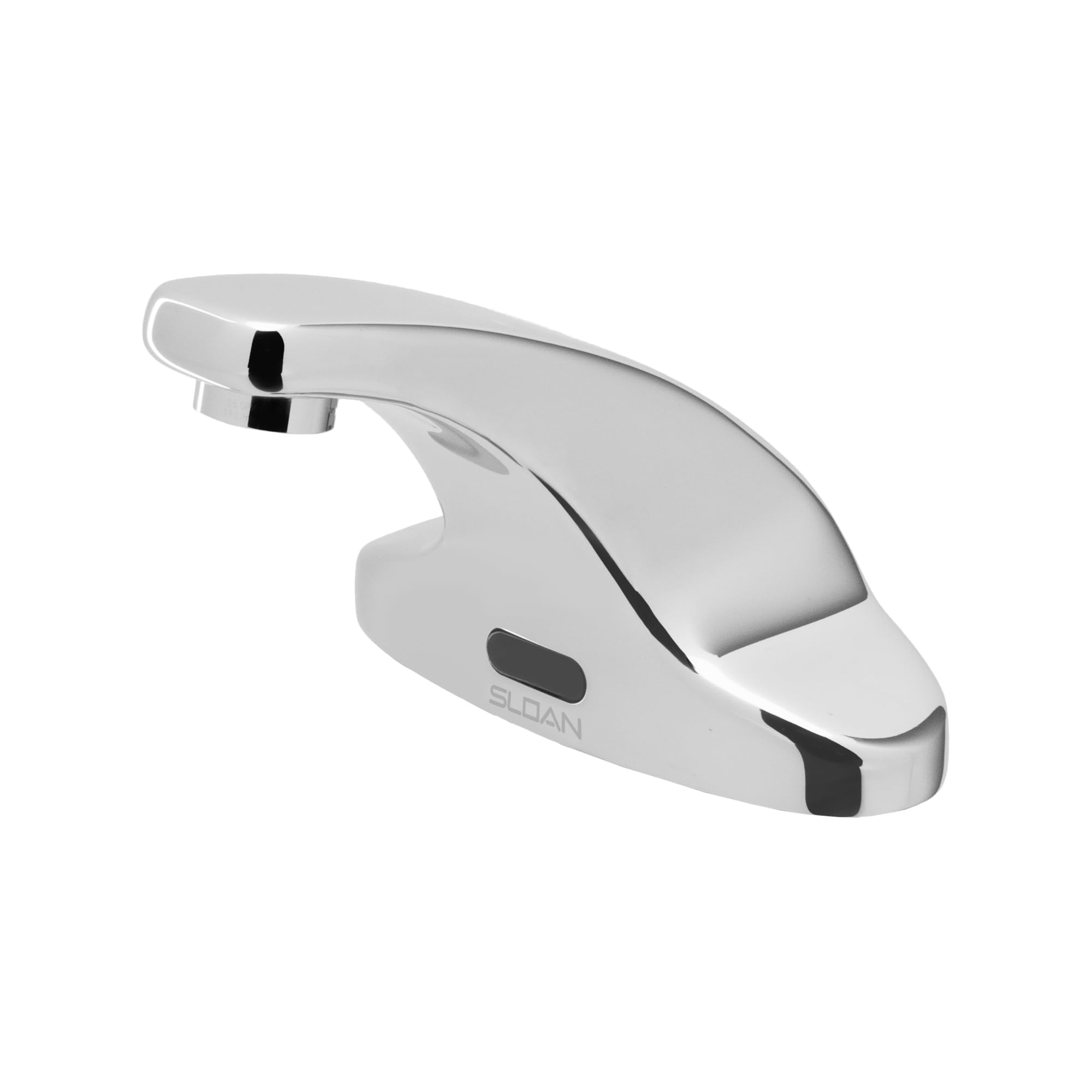 Chrome and white battery-powered faucet with curved spout and sensor activation, mounted deck style.