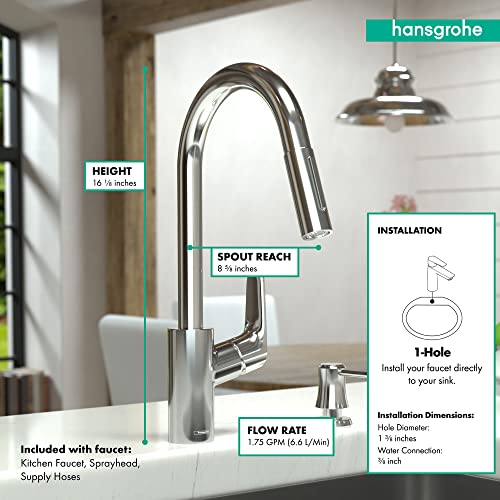 Polished nickel high-arc kitchen faucet with pull-down sprayer and curved spout mounted on white sink.
