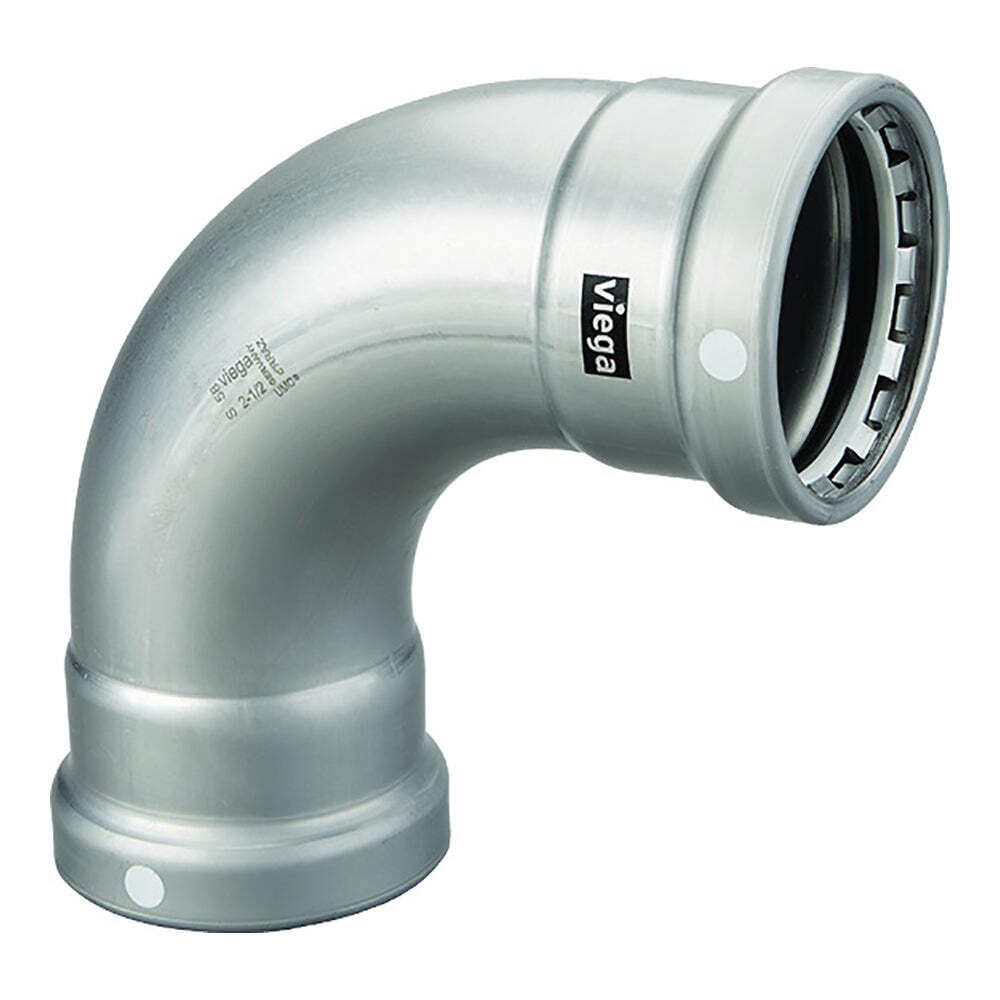 Silver metallic 90-degree press elbow fitting with Viega branding and press-connect ports on both ends.