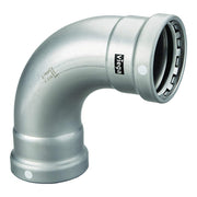 Silver metallic 90-degree press elbow fitting with Viega branding and press-connect ports on both ends.