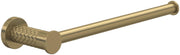Antique gold cylindrical hand towel bar with round wall-mounted rosette escutcheons and crosshatch detailing.