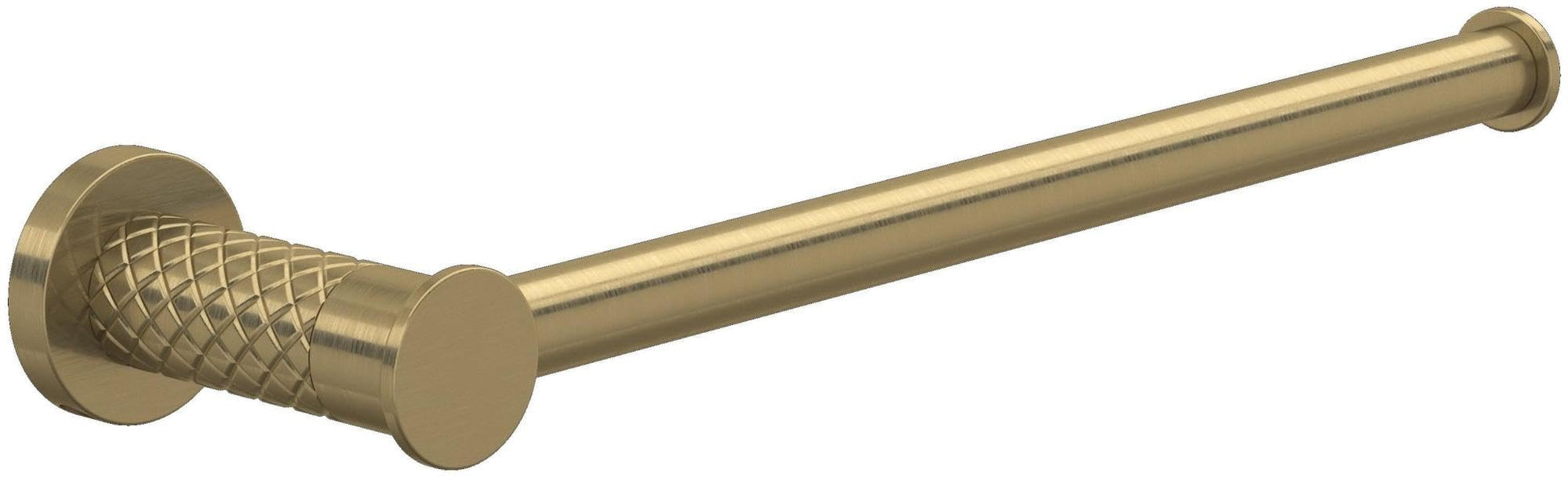 Antique gold cylindrical hand towel bar with round wall-mounted rosette escutcheons and crosshatch detailing.