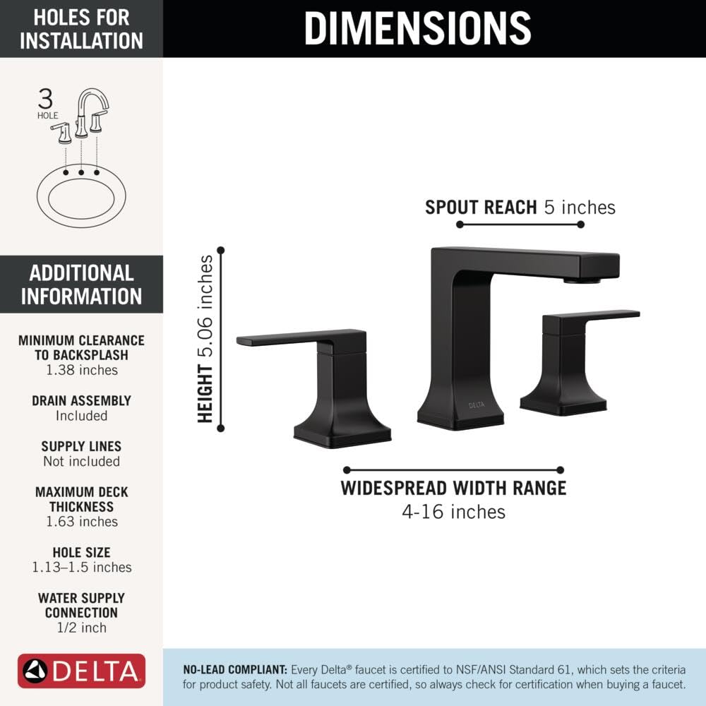 Matte black two-handle widespread bathroom faucet with 5-inch spout reach and 5.06-inch height.