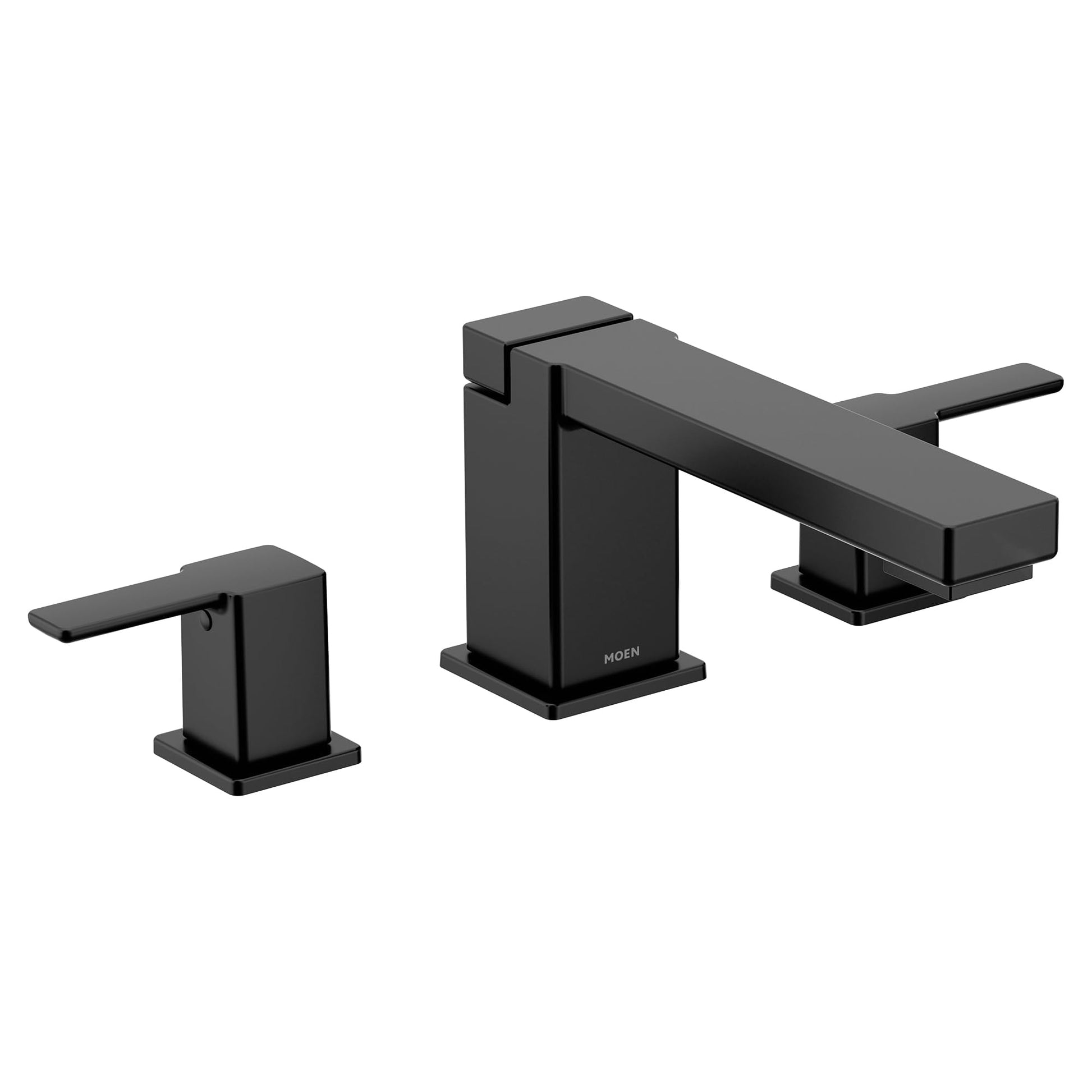 Matte black deck-mounted Roman tub faucet with two lever handles and rectangular spout.