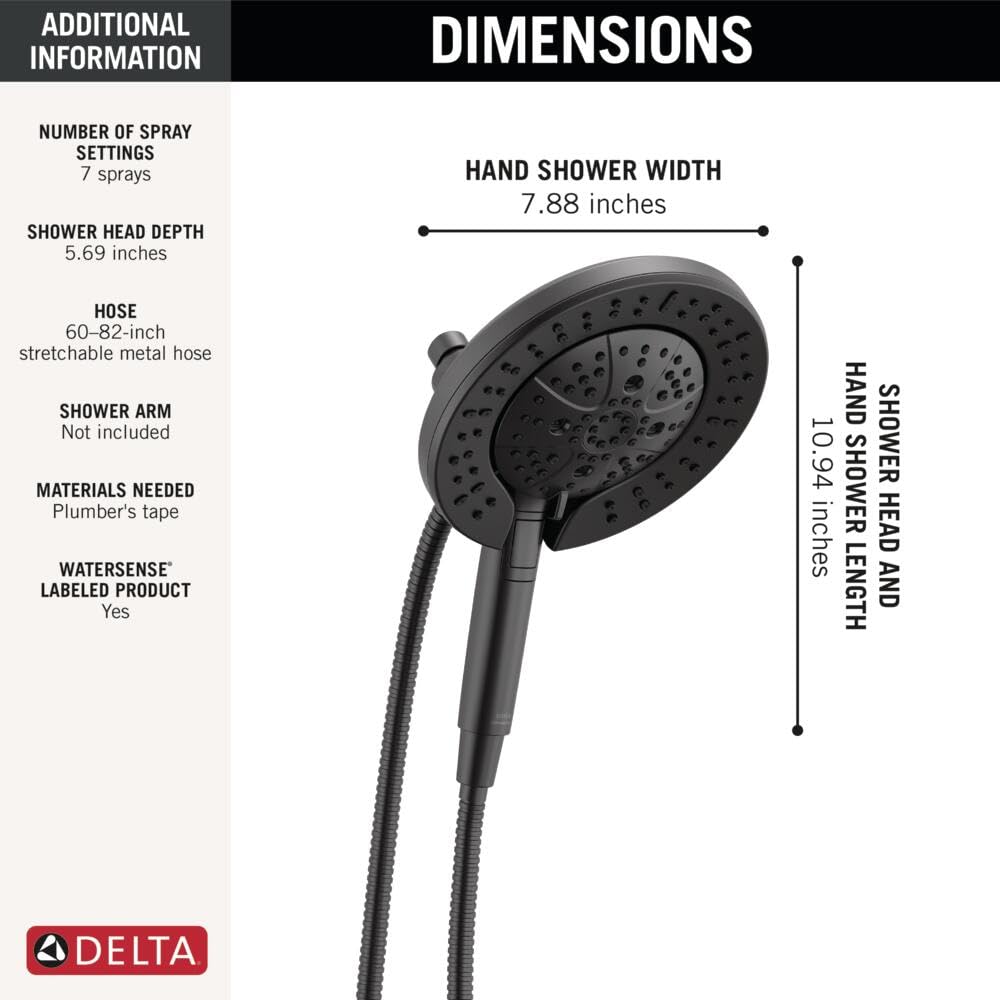 Matte black Delta showerhead with 7.88-inch diameter and 10.94-inch length, includes 60-82-inch stretchable metal hose with 7
