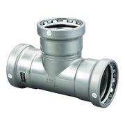 Silver metal press tee fitting with three equal-sized ports and zinc-nickel coating.