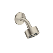 Brushed nickel shower head with angled arm and round mounting plate, featuring multiple jet nozzles.