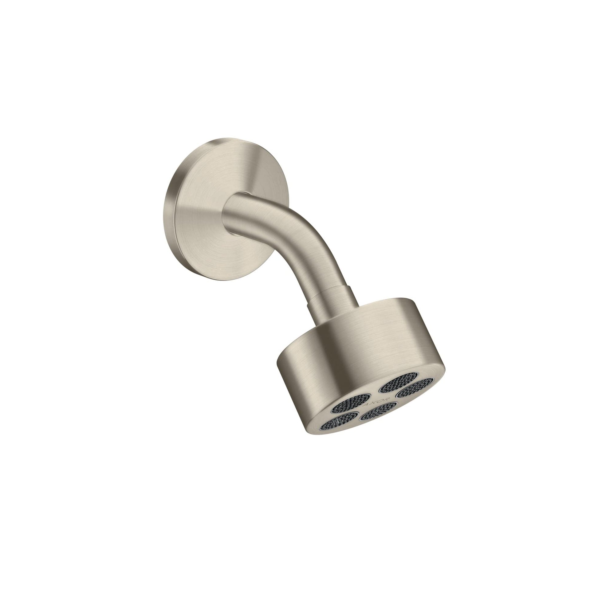 Brushed nickel shower head with cylindrical body and angled arm mounted on circular wall plate, featuring multiple jet openin