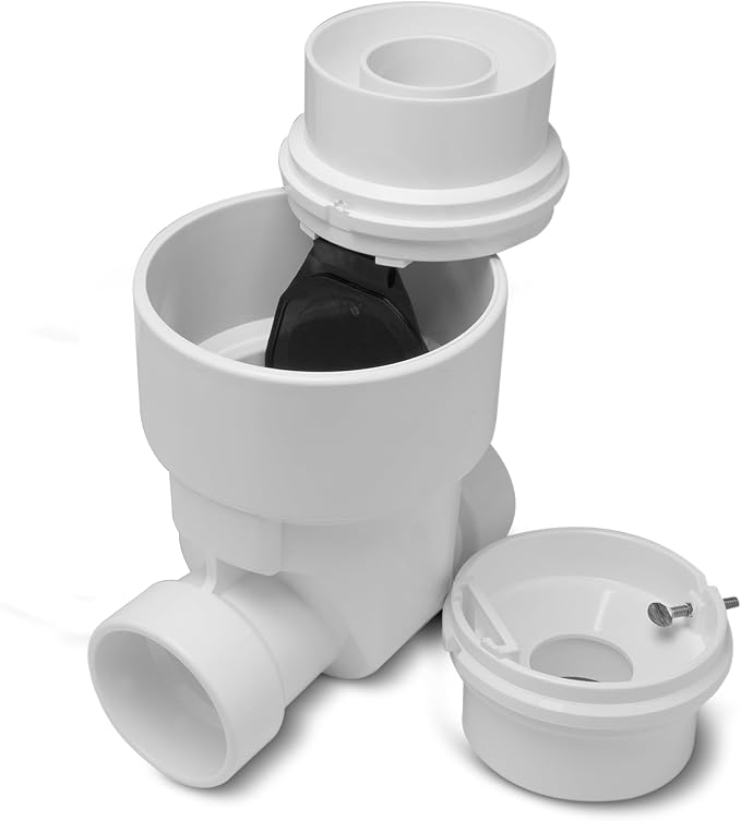 White PVC inline backwater check valve with black internal flapper mechanism and removable components displayed separately.