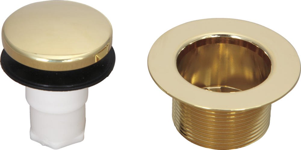 Polished brass tub drain with pop-up stopper and threaded overflow inlet, shown from top and side angles.