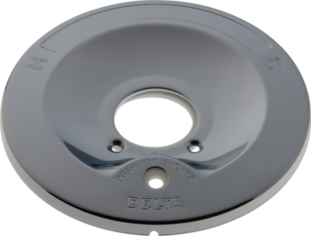 Chrome round escutcheon plate with push-button diverter for shower valve, marked with H and C indicators.