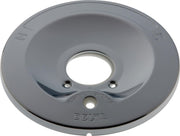 Chrome round escutcheon plate with push-button diverter for shower valve, marked with H and C indicators.