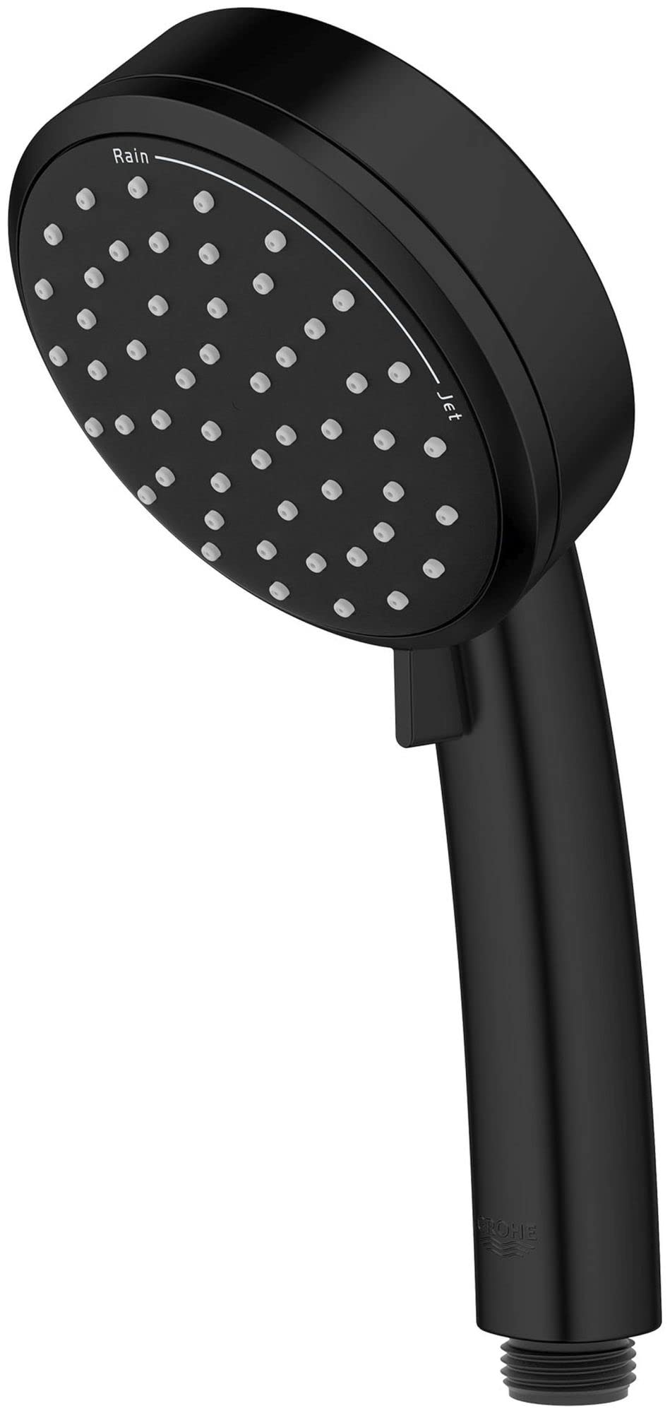Chrome hand shower with circular face featuring multiple spray holes, labeled "Rain" and "Jet" spray modes.