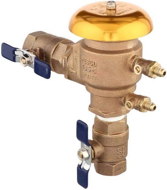 Bronze pressure vacuum breaker with yellow cap, blue ball valves, and brass inlet/outlet ports.
