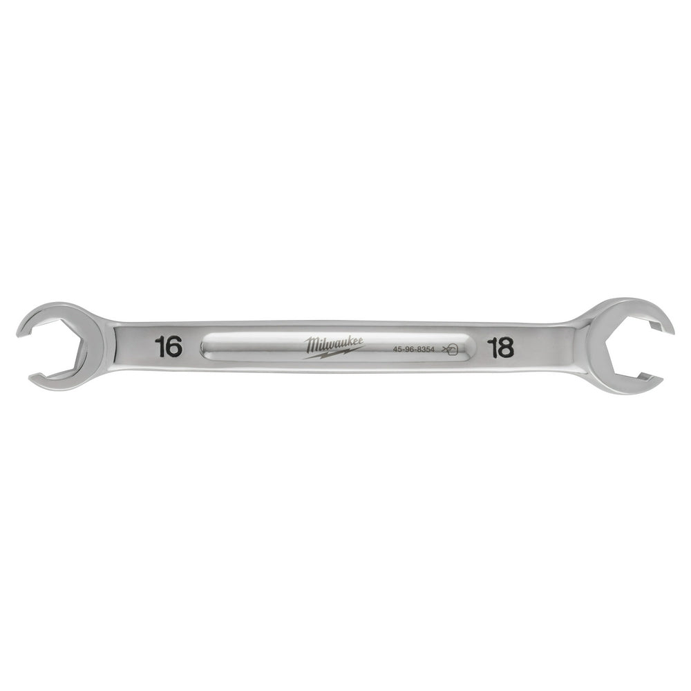 Silver double-end flare nut wrench with 16mm and 18mm openings and Milwaukee branding.