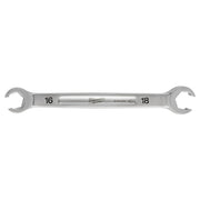 Silver double-end flare nut wrench with 16mm and 18mm openings and Milwaukee branding.