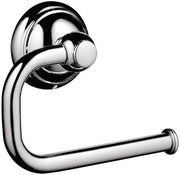 Chrome toilet paper holder with curved arm and circular wall mount plate.