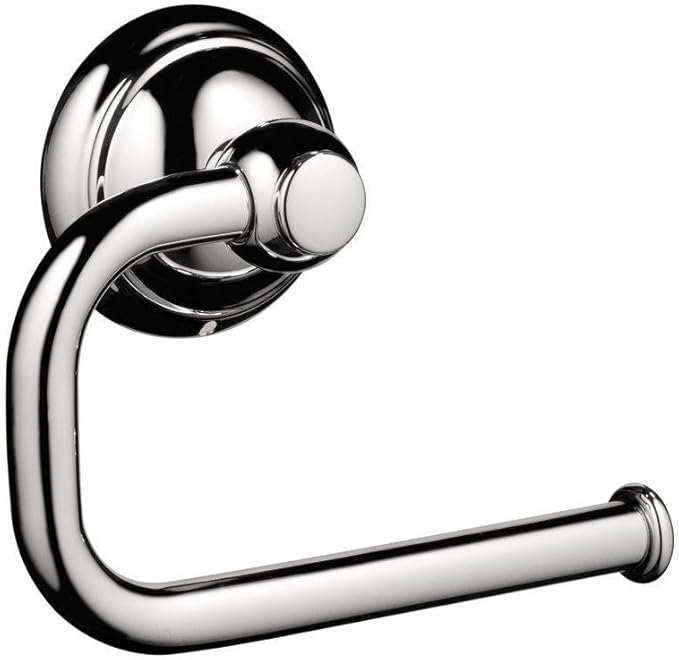 Chrome toilet paper holder with curved arm and circular wall mount plate.