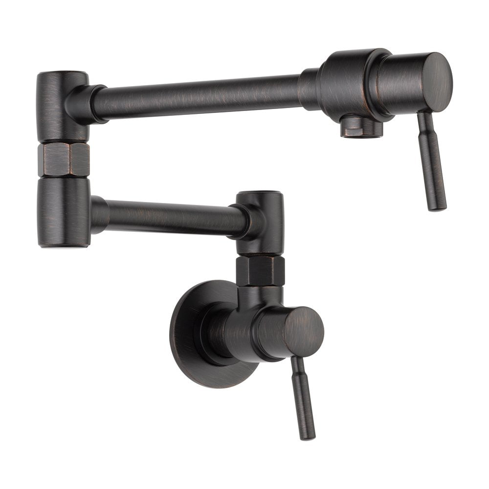 Black brushed metal wall-mounted pot filler with articulating arm and lever handle.
