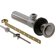 Stainless steel bathroom drain assembly with pop-up stopper, mounting bracket, and rod components.