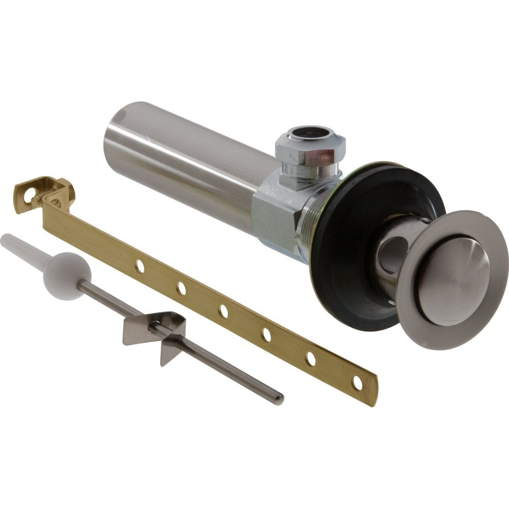 Stainless steel bathroom drain assembly with pop-up stopper, mounting bracket, and rod components.
