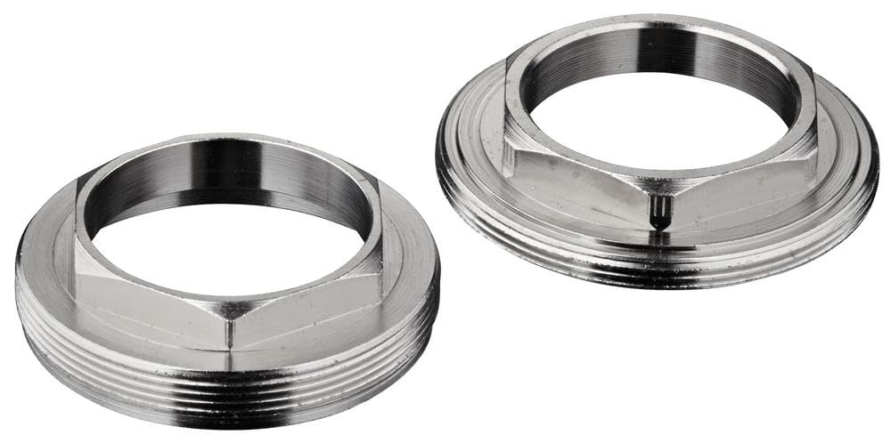Two chrome screw couplings with threaded outer rings and polished metal finish.