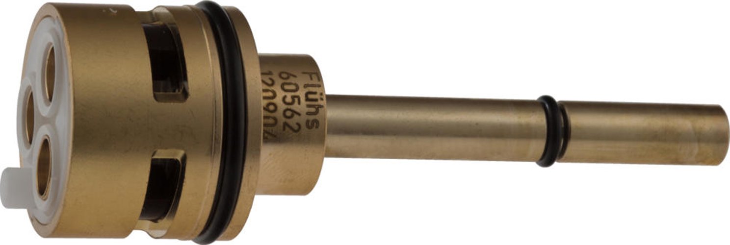 Brass cylindrical cartridge with stem and black rubber seals for Delta diverter valve.