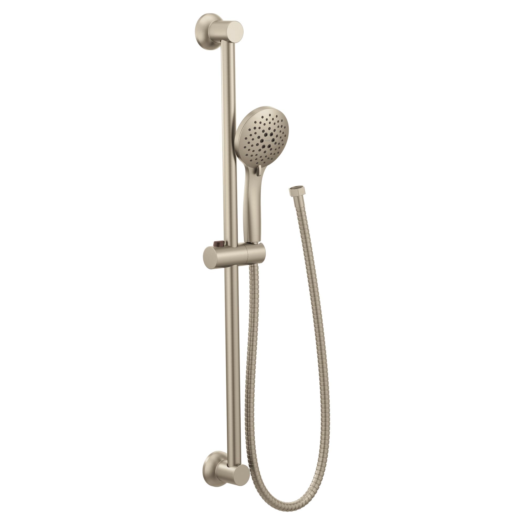 Brushed nickel hand shower with circular spray face mounted on vertical slide bar, featuring flexible hose and wall bracket.