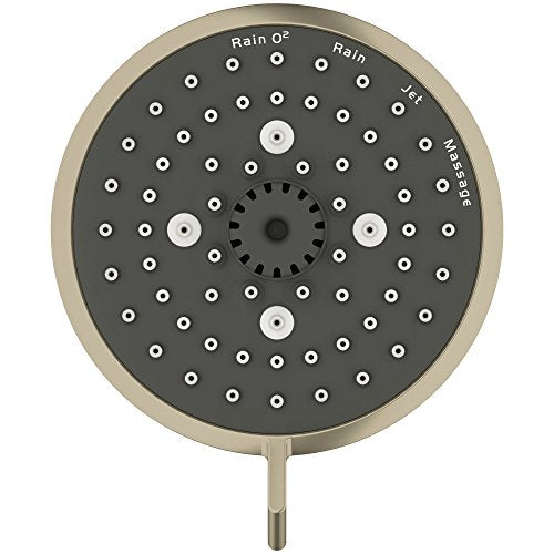 Round brushed nickel showerhead with dark gray face, multiple spray nozzles, and center dial with spray mode settings.