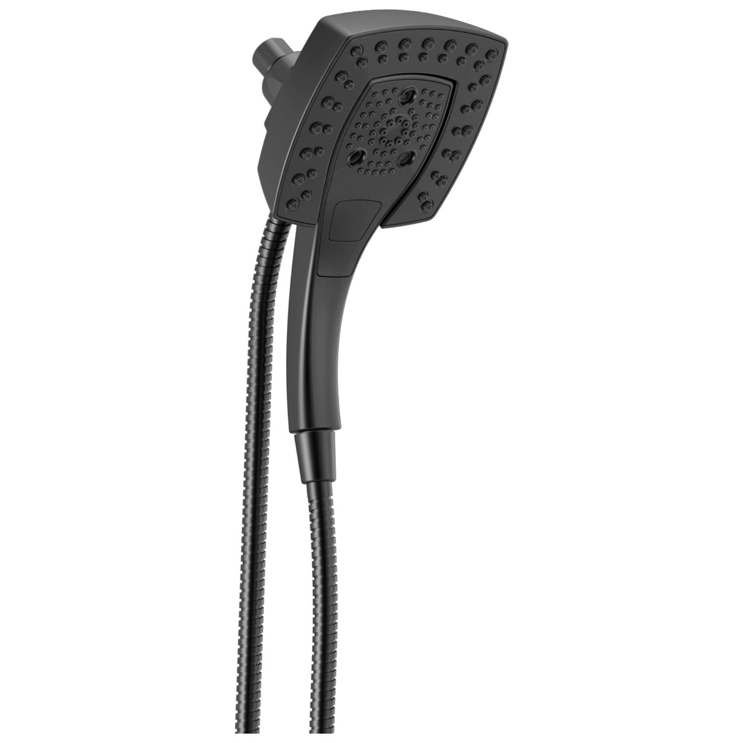 Matte black square shower head with dual spray zones and textured holes, attached to a flexible hose.