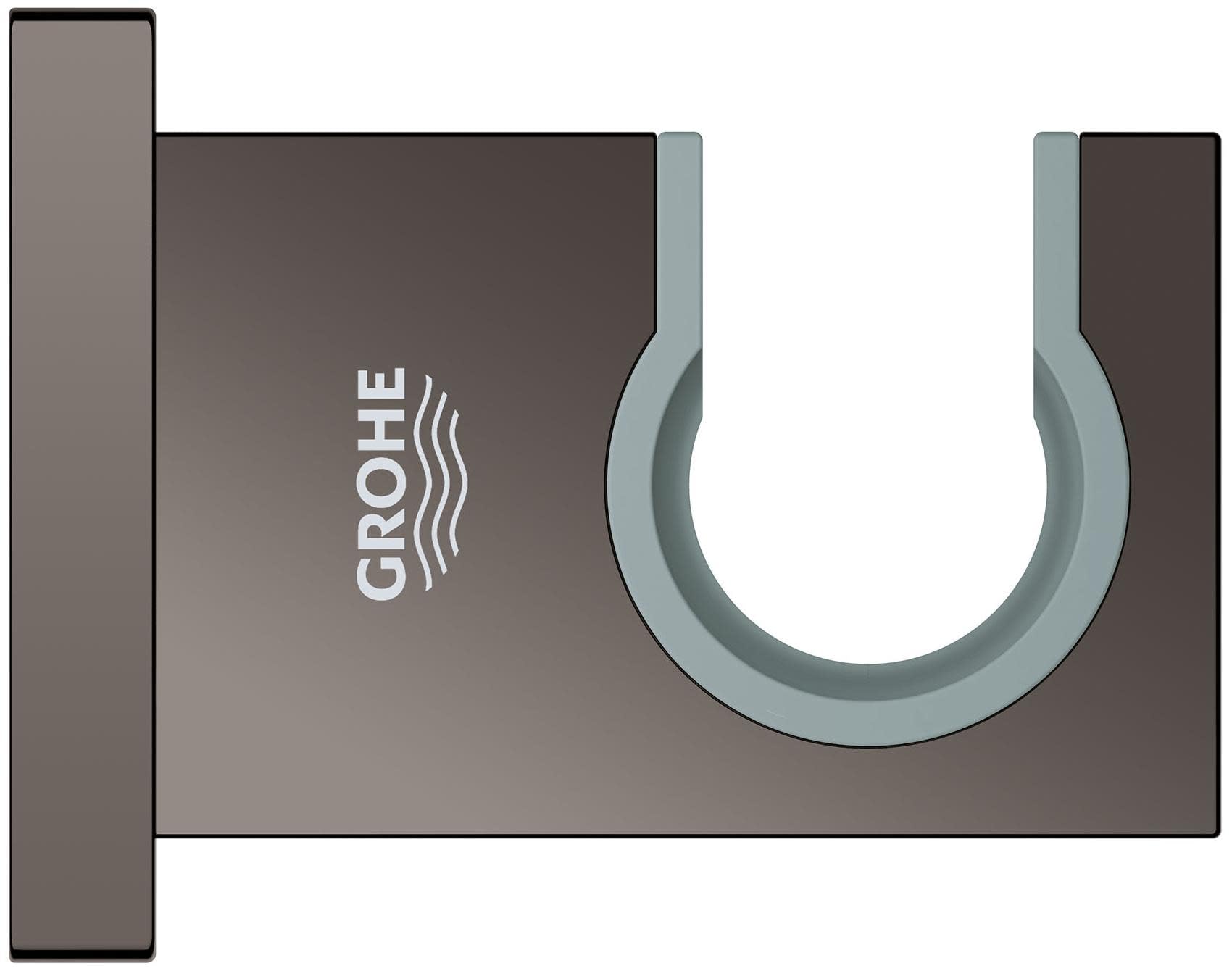 Matte black wall-mounted hand shower holder with gray rubber ring and Grohe logo.