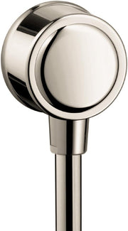 Polished nickel wall outlet with spherical knob and outlet port mounted on vertical stem.