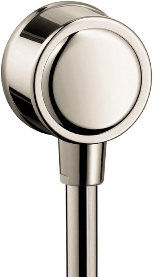 Polished nickel wall outlet with spherical knob and outlet port mounted on vertical stem.
