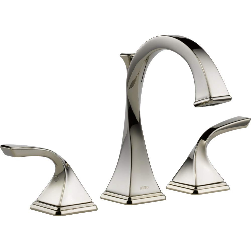 Chrome widespread bathroom faucet with curved spout and two angled side handles with squared bases.
