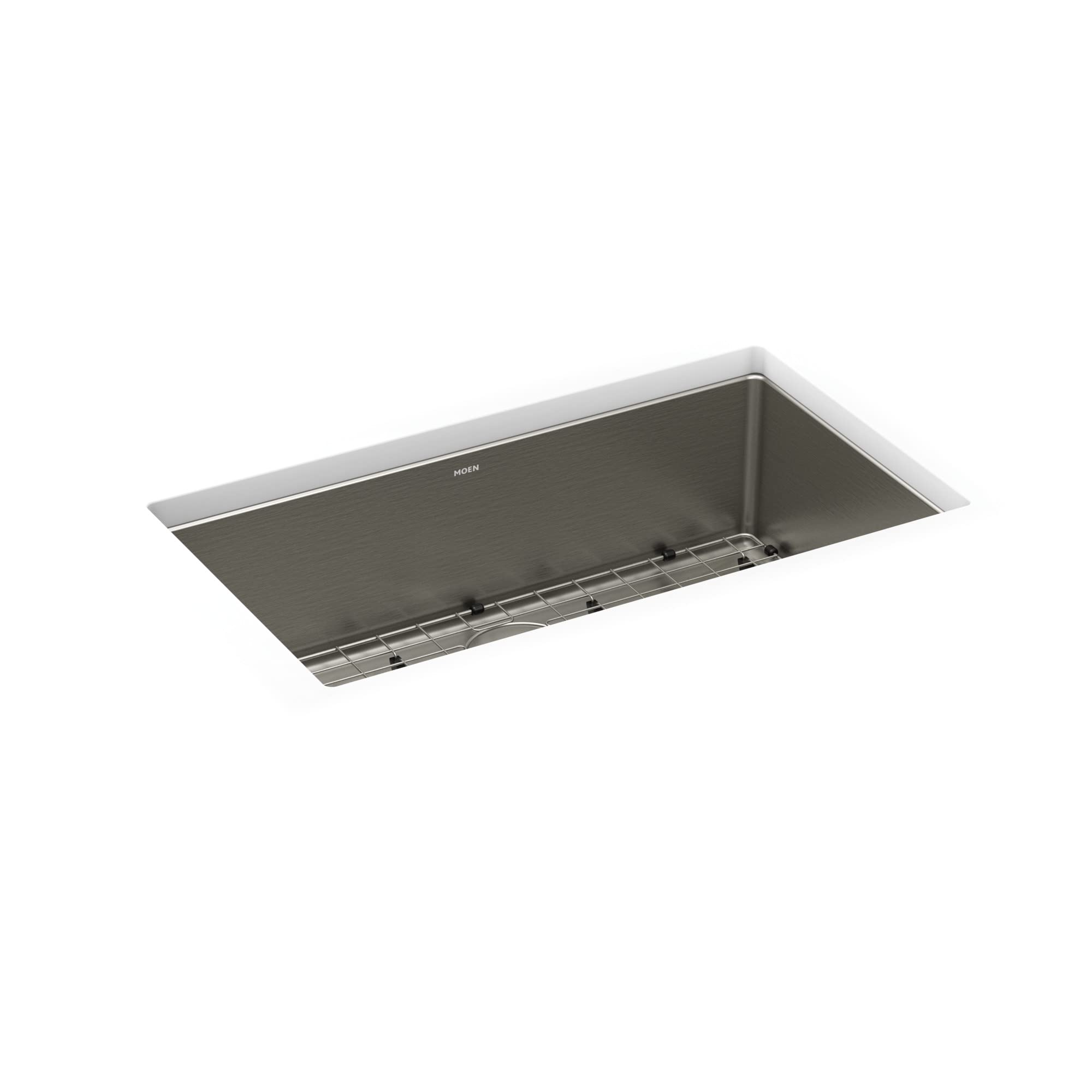 Stainless steel single bowl kitchen sink with bottom grid, rectangular shape and sloped interior walls.