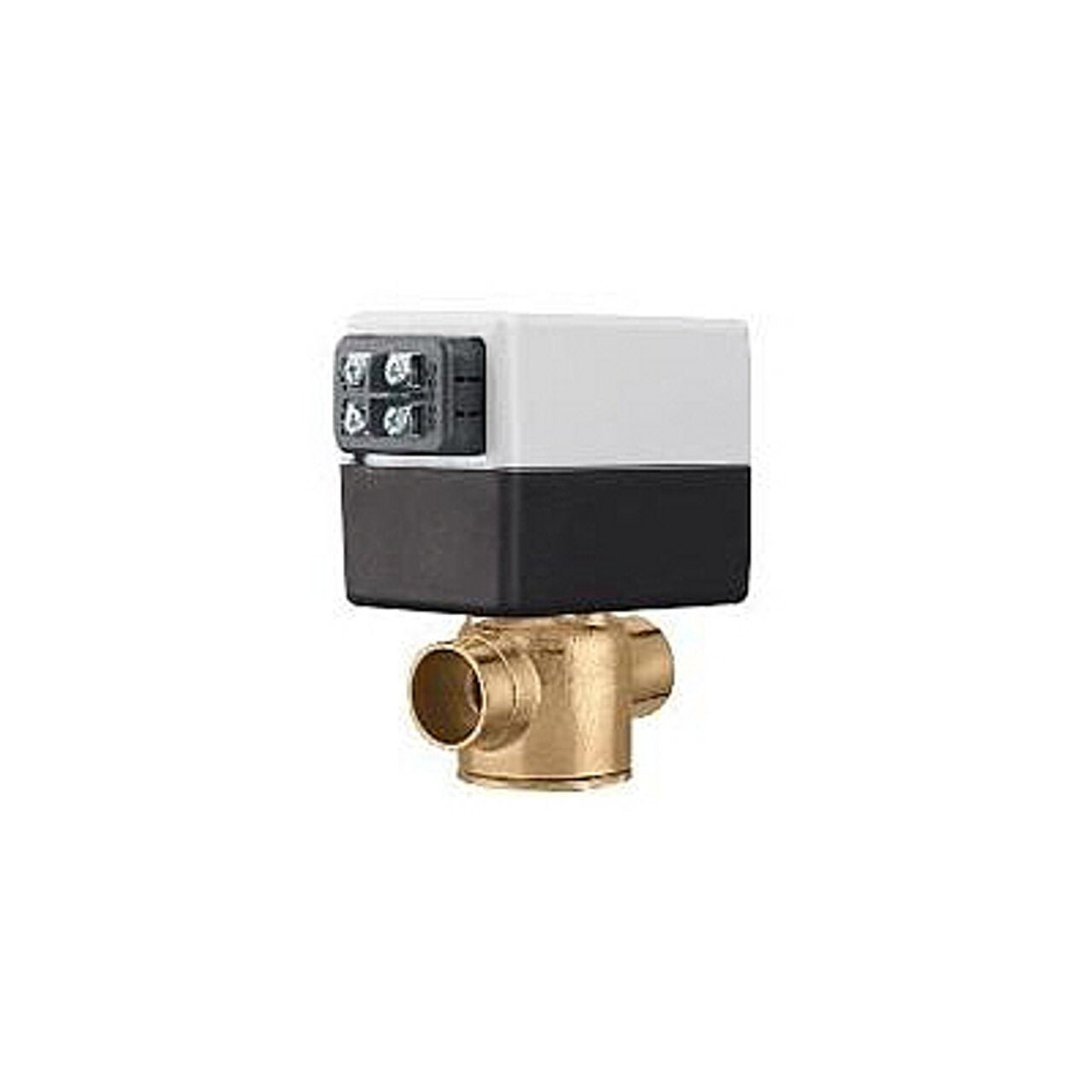 Brass zone valve with white and black motorized actuator head and terminal connections.