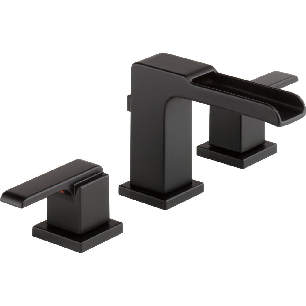 Black matte two-handle widespread bathroom faucet with rectangular spout and square bases.