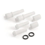 White plastic faucet adapter components and black rubber O-rings arranged on white background.