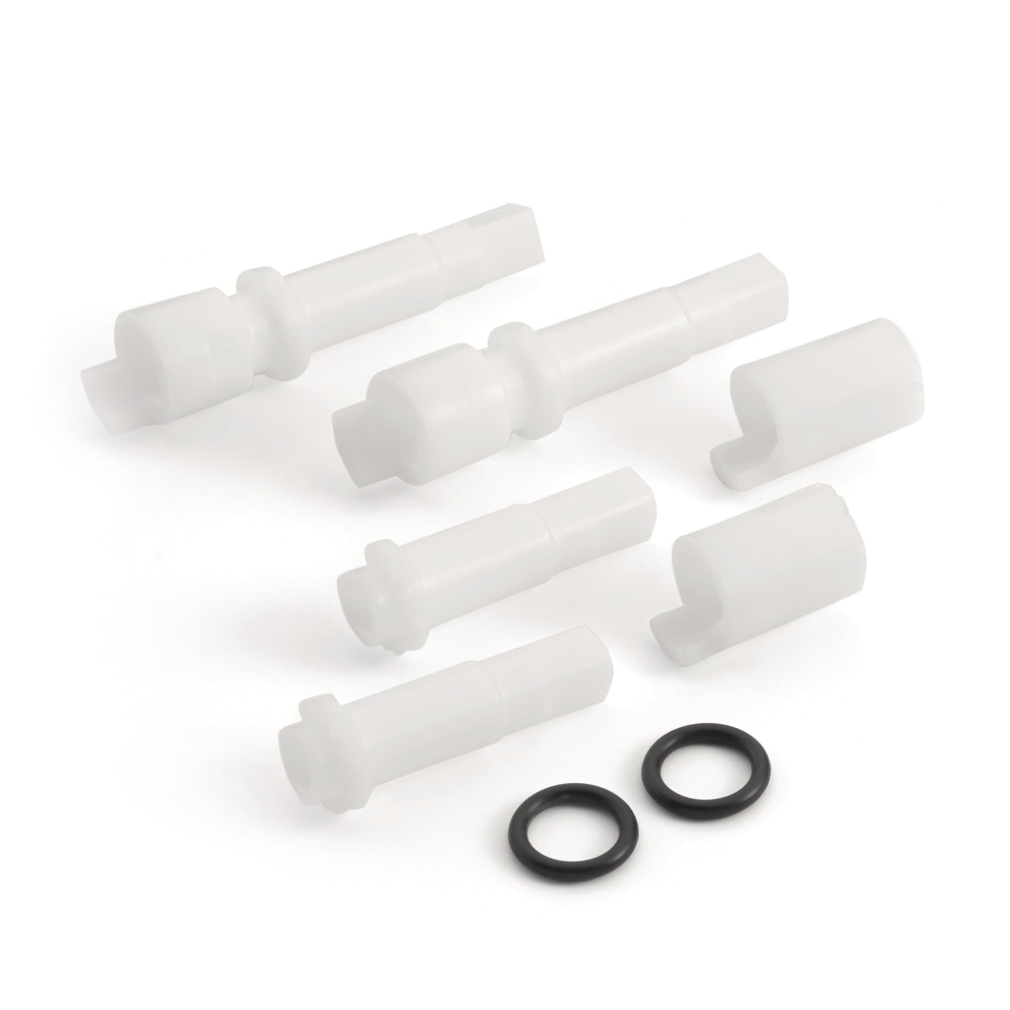 White plastic faucet adapter components and black rubber O-rings arranged on white background.