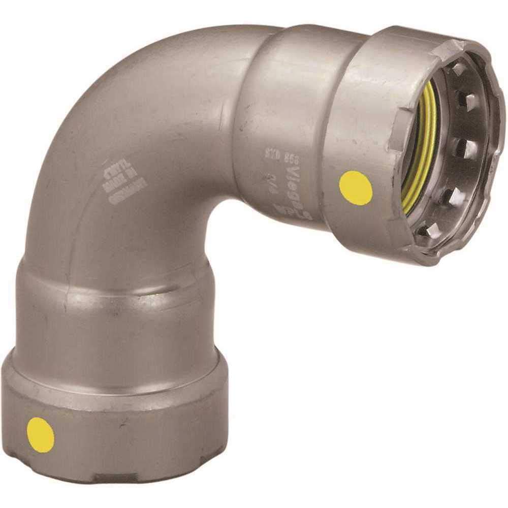 Silver steel 90-degree elbow fitting with yellow indicator marks and press-connect ends.