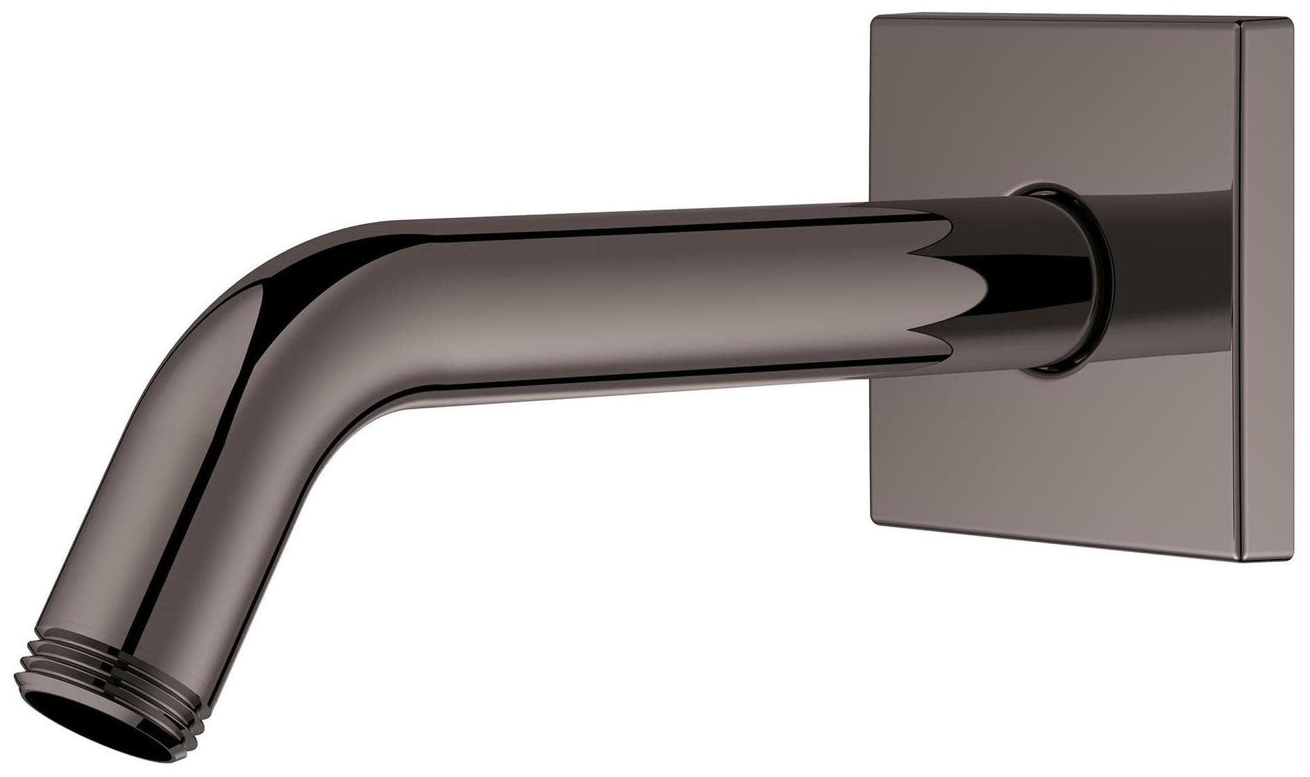 Matte black curved shower arm with square wall mount and threaded connector end.