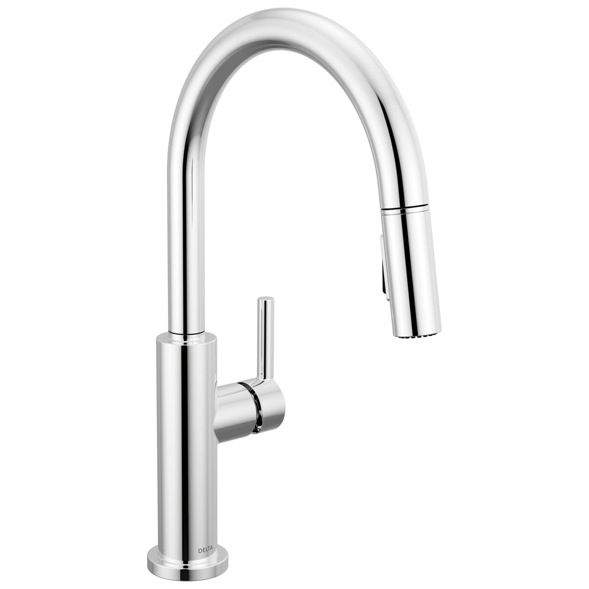 Chrome single handle pull-down kitchen faucet with high arched spout and lever control.