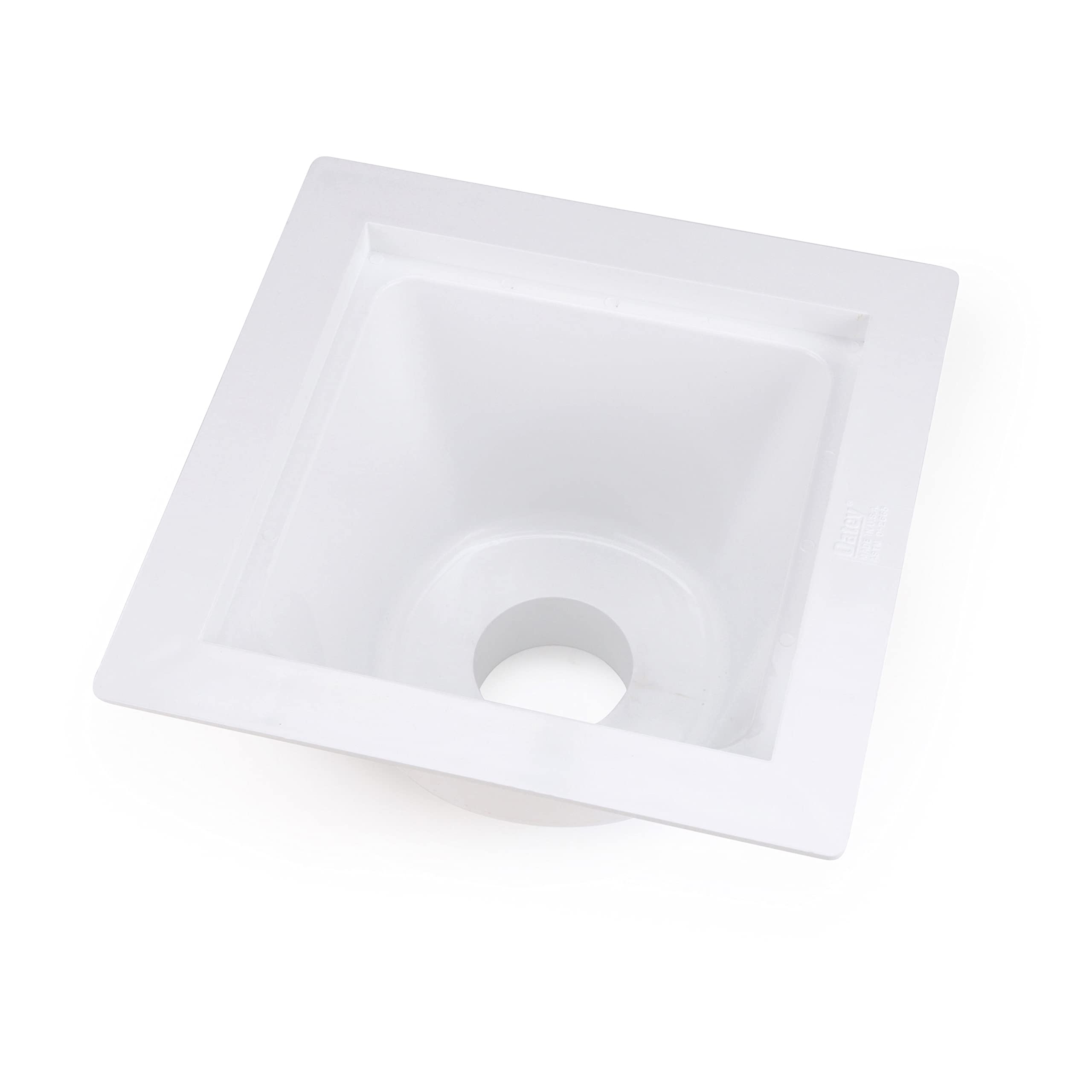 White rectangular utility sink with sloped interior basin and 3-inch drain socket on bottom.