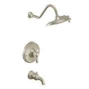 Brushed nickel tub and shower trim kit with rainshower head, curved arm, valve trim plate, and tub spout.