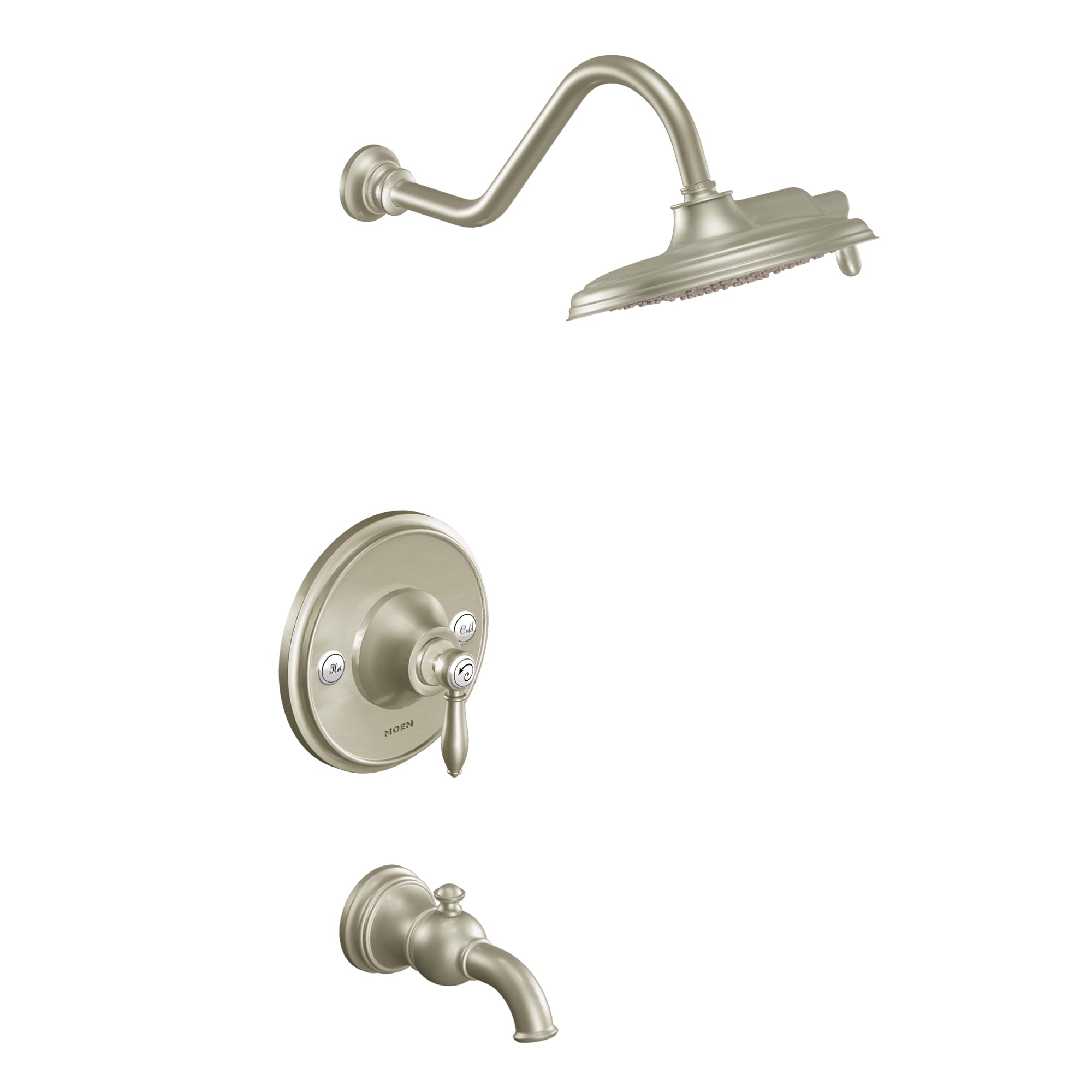 Brushed nickel tub and shower trim kit with rainshower head, curved arm, valve trim plate, and tub spout.