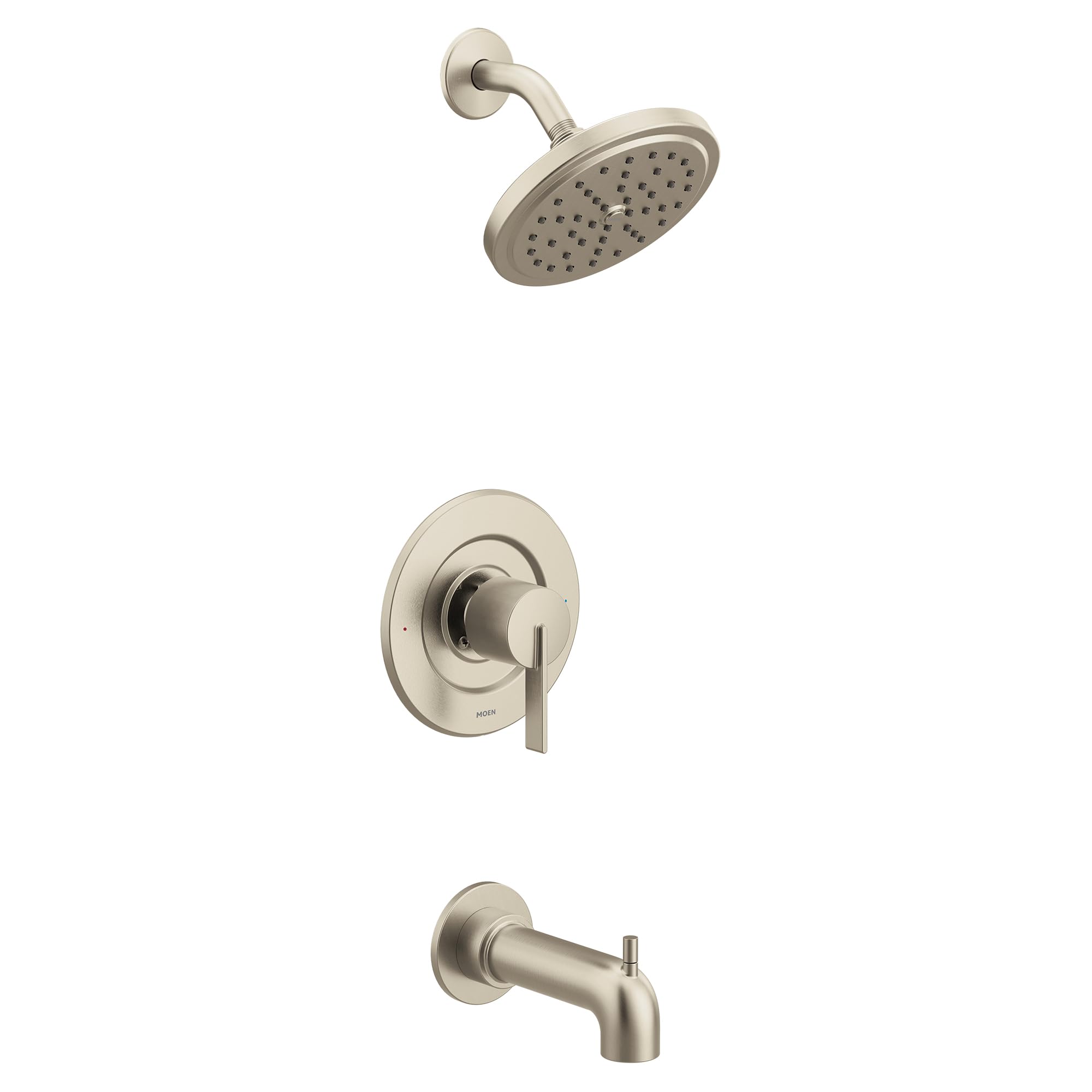 Brushed nickel single-handle tub and shower faucet trim kit with round showerhead, valve trim, and tub spout.