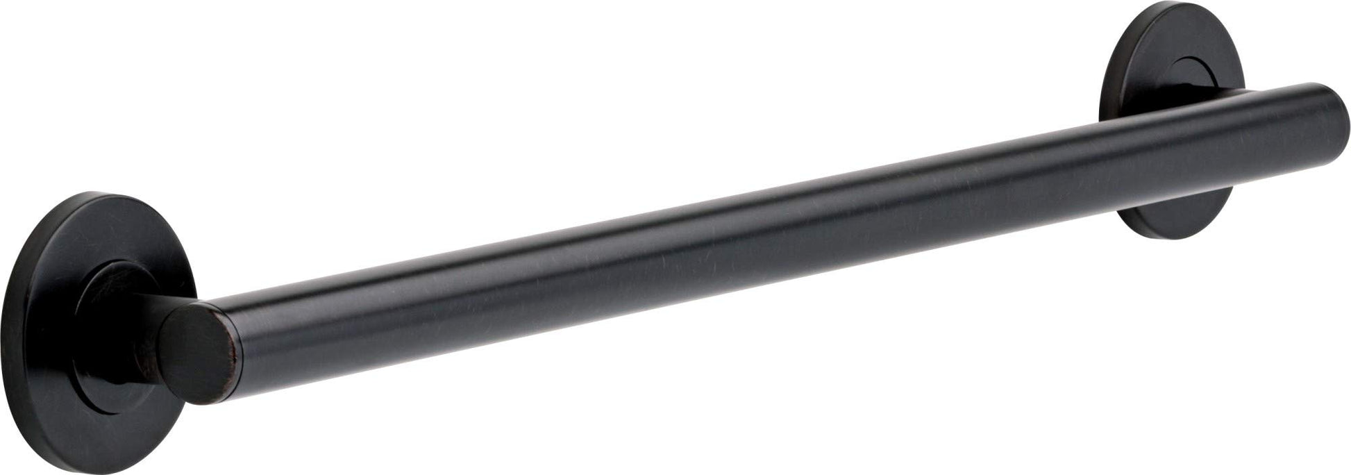 Black cylindrical grab bar with round wall-mounted flanges on each end.