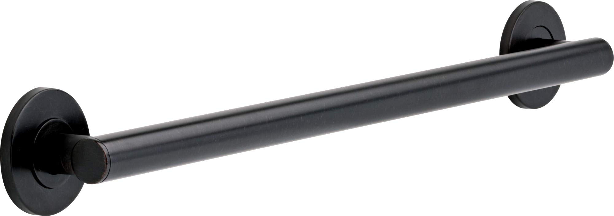 Black cylindrical grab bar with round wall-mounted flanges on each end.