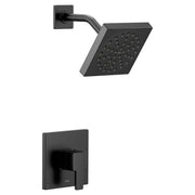 Matte black single-handle shower trim with square showerhead and wall-mounted valve.